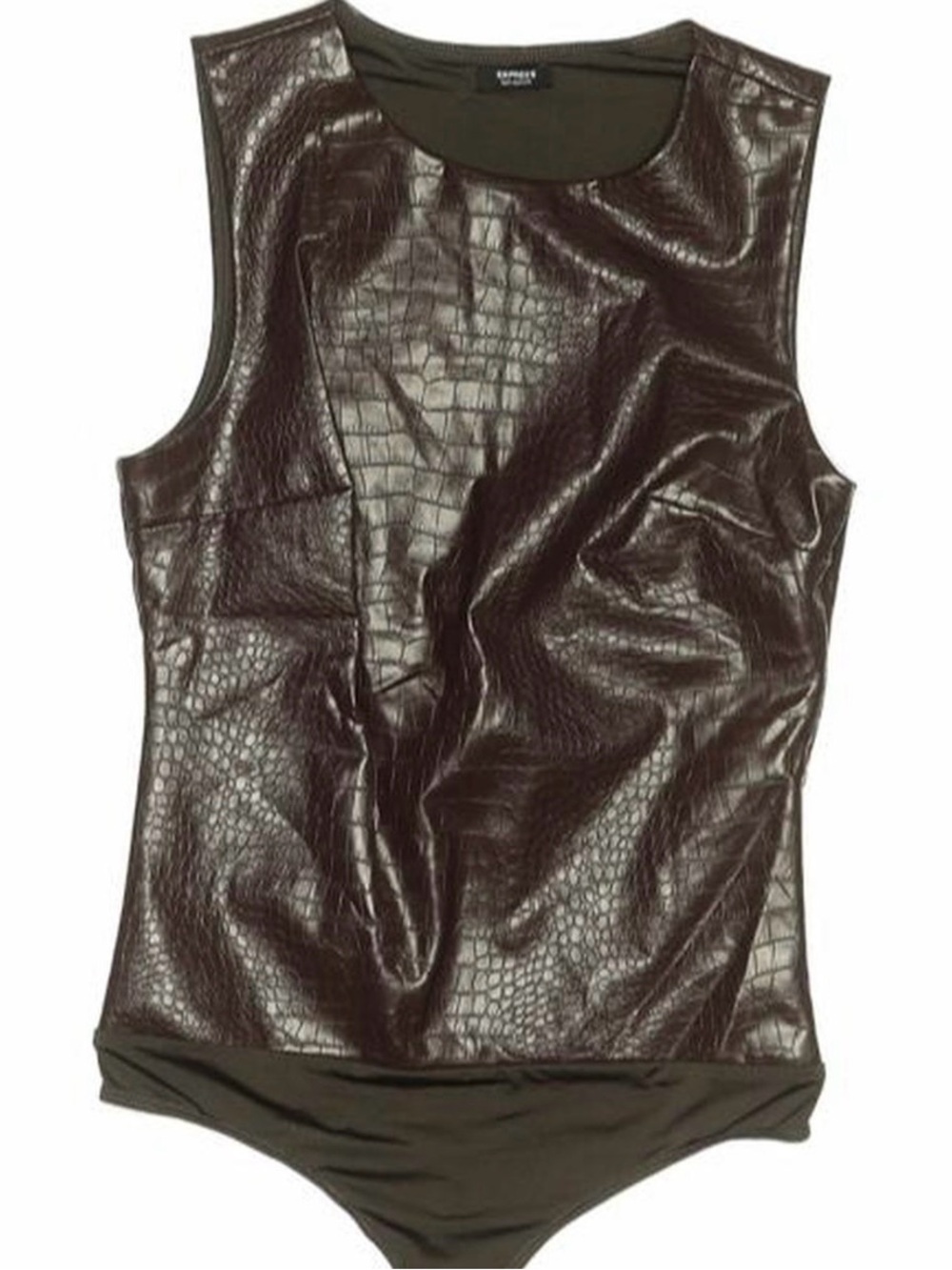 Express Dark Brown Croc-Embossed Faux Leather Bodysuit